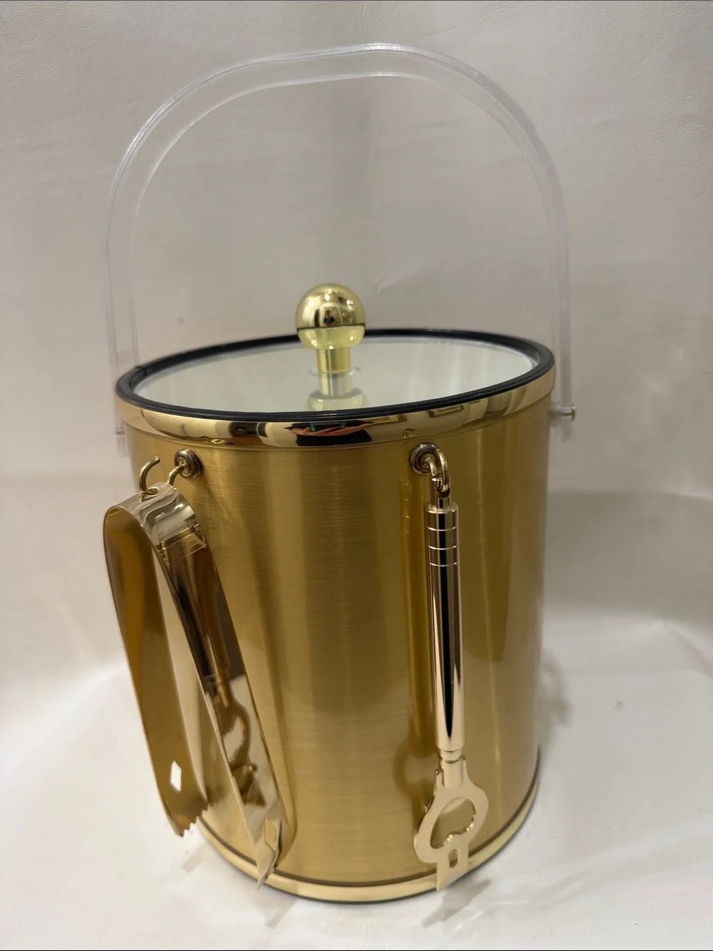 Gold Lucite Ice Bucket with Lid Tongs Bottle Opener 9 In Tall 7 1/2 In Round